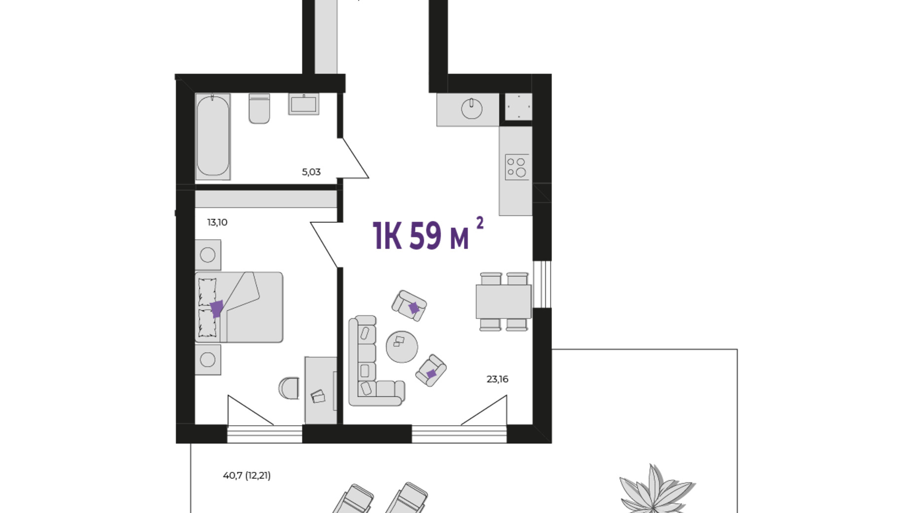 Планування 1-кімнатної квартири в ЖК Wawel 59 м², фото 650976