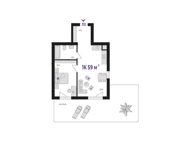 ЖК Wawel: планировка 1-комнатной квартиры 59 м²