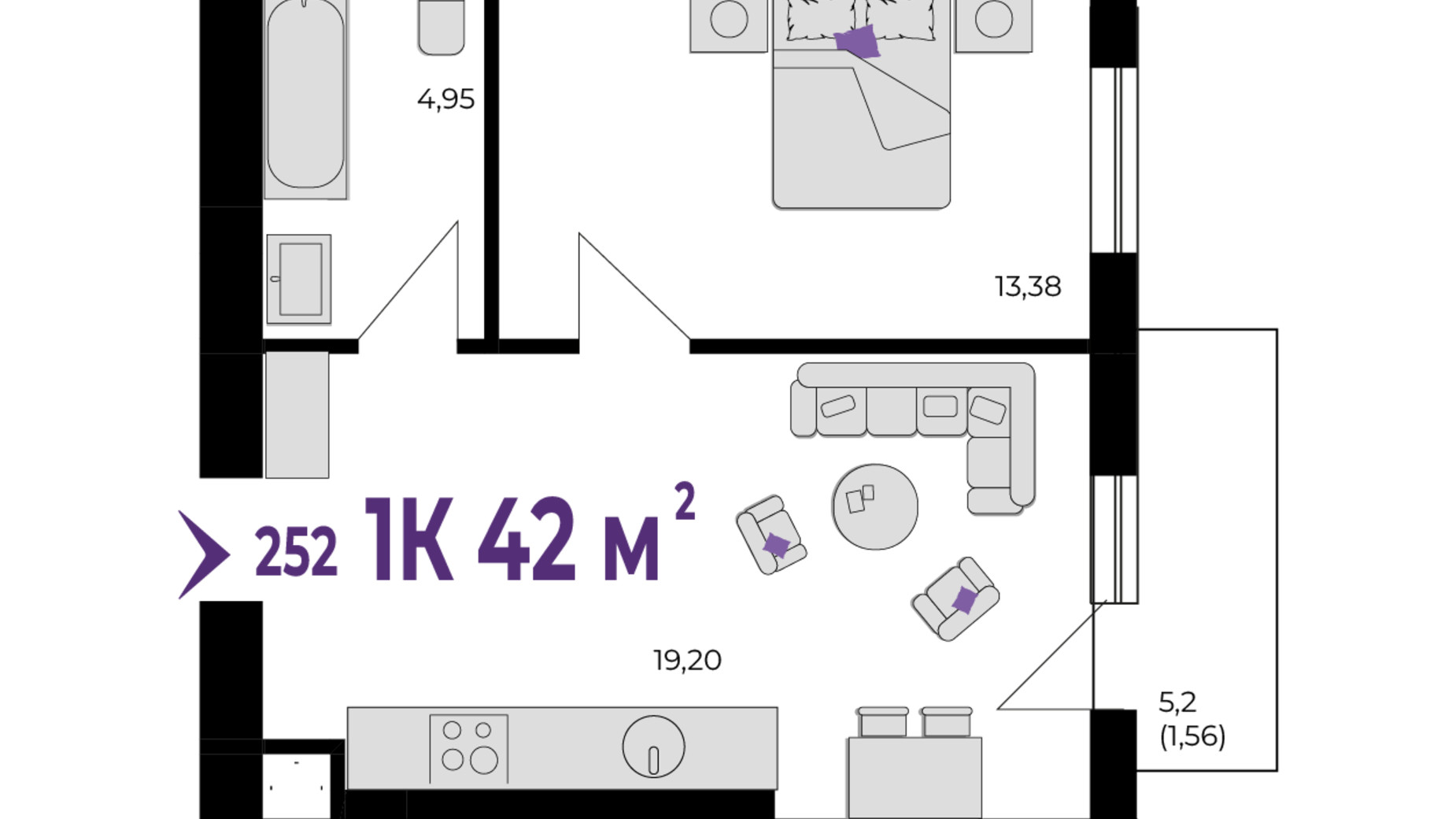 Планування 1-кімнатної квартири в ЖК Wawel 42 м², фото 650977