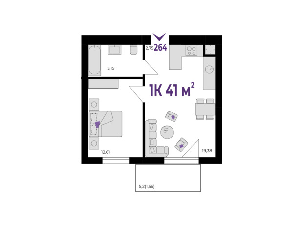 ЖК Wawel: планировка 1-комнатной квартиры 41 м²