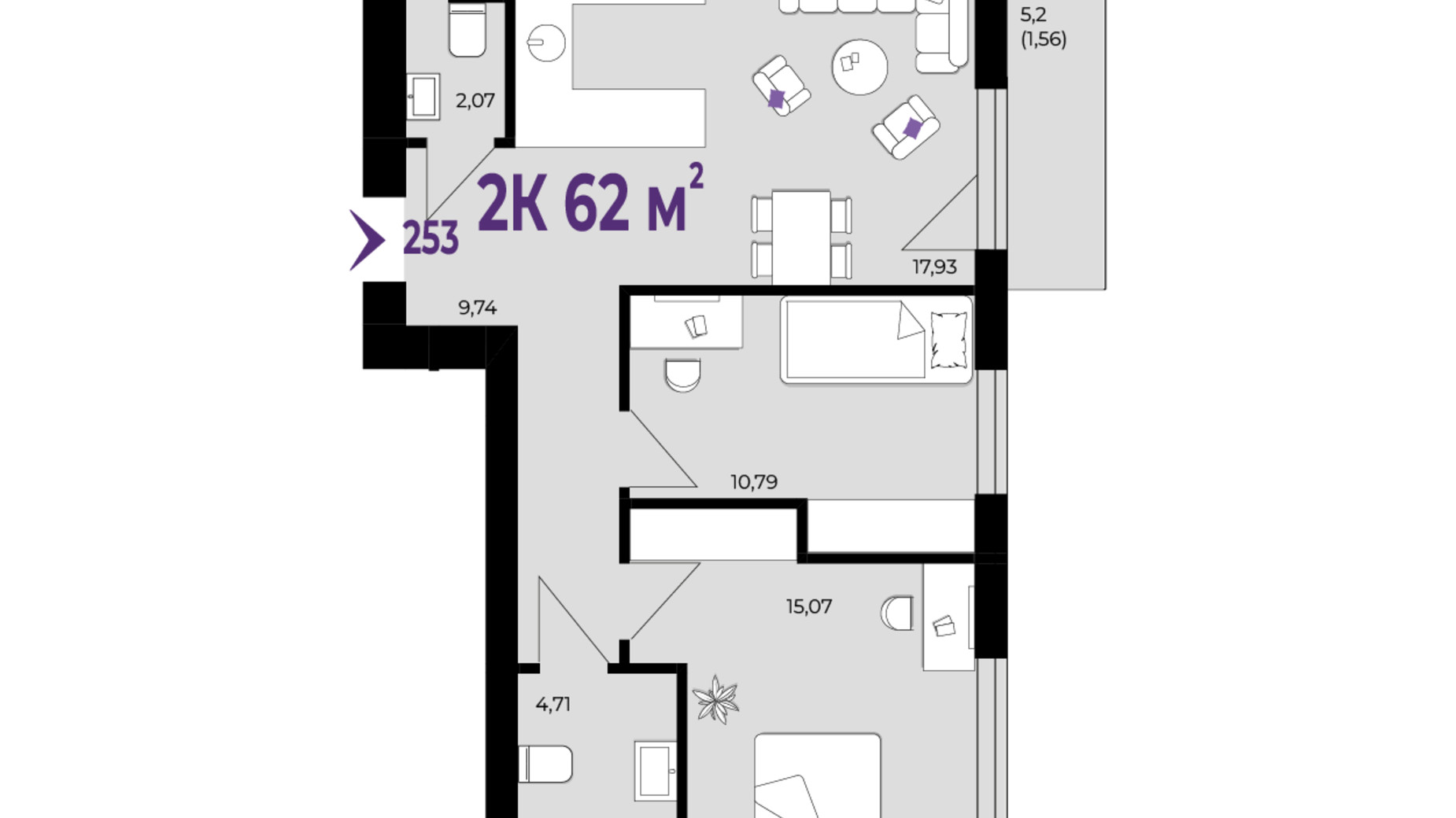 Планування 2-кімнатної квартири в ЖК Wawel 62 м², фото 650979