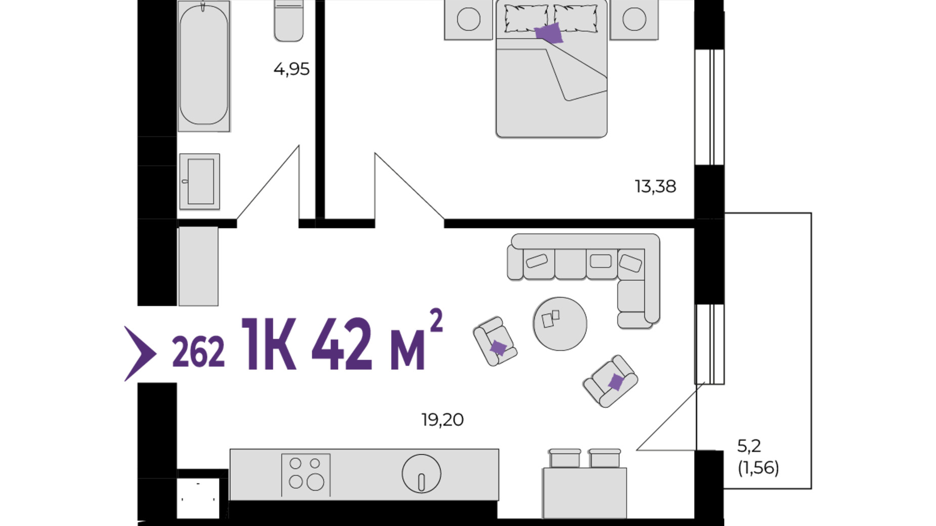 Планування 1-кімнатної квартири в ЖК Wawel 42 м², фото 650980