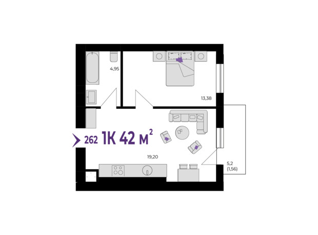 ЖК Wawel: планування 1-кімнатної квартири 42 м²
