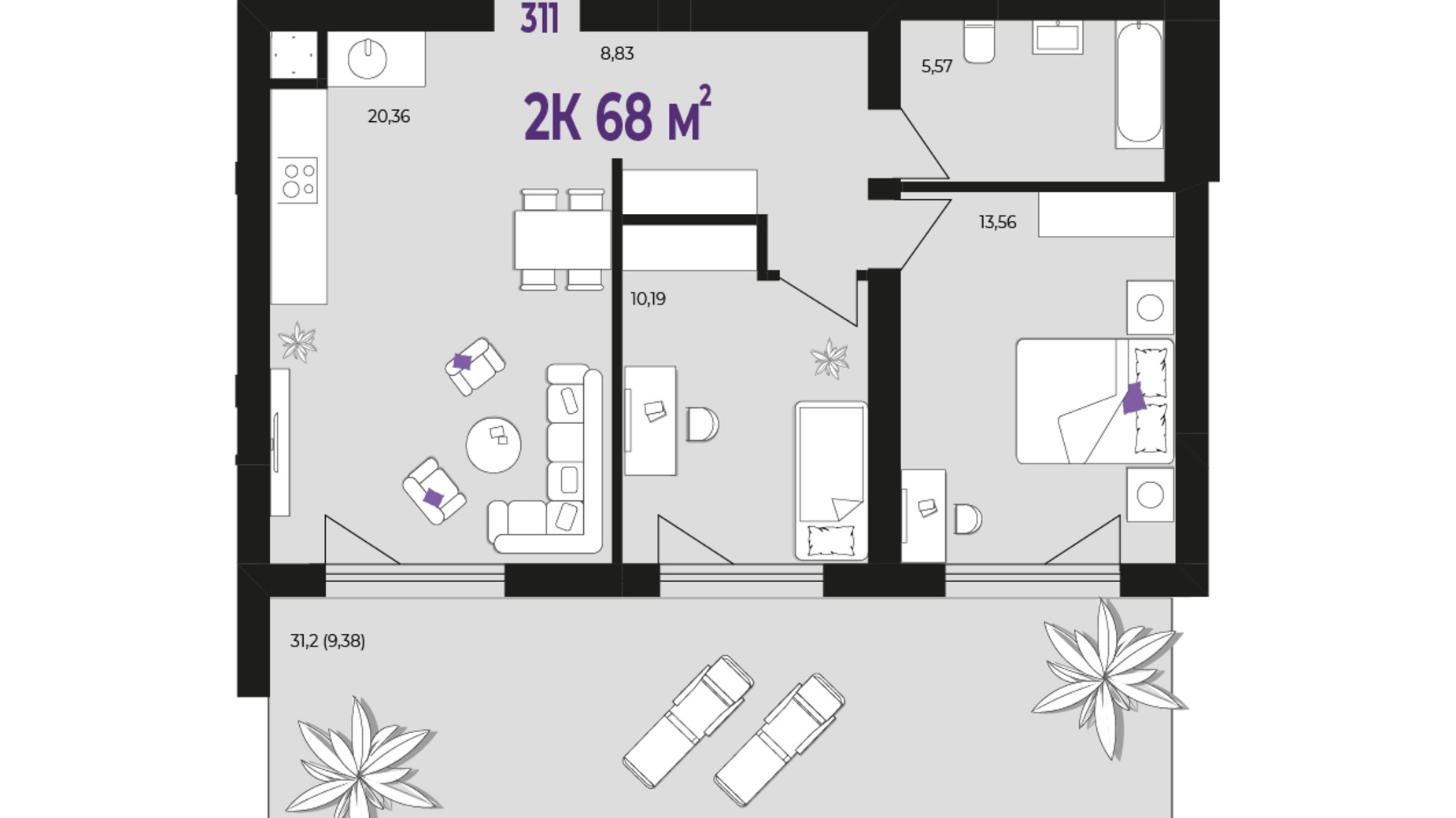 Планування 2-кімнатної квартири в ЖК Wawel 68 м², фото 650983