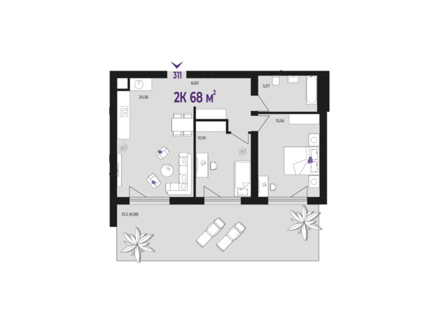ЖК Wawel: планування 2-кімнатної квартири 68 м²