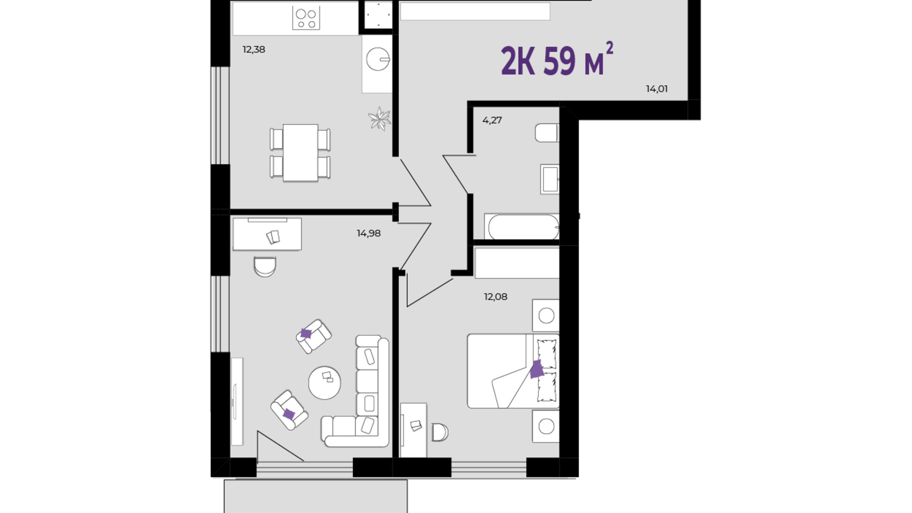 Планировка 2-комнатной квартиры в ЖК Wawel 59 м², фото 650986