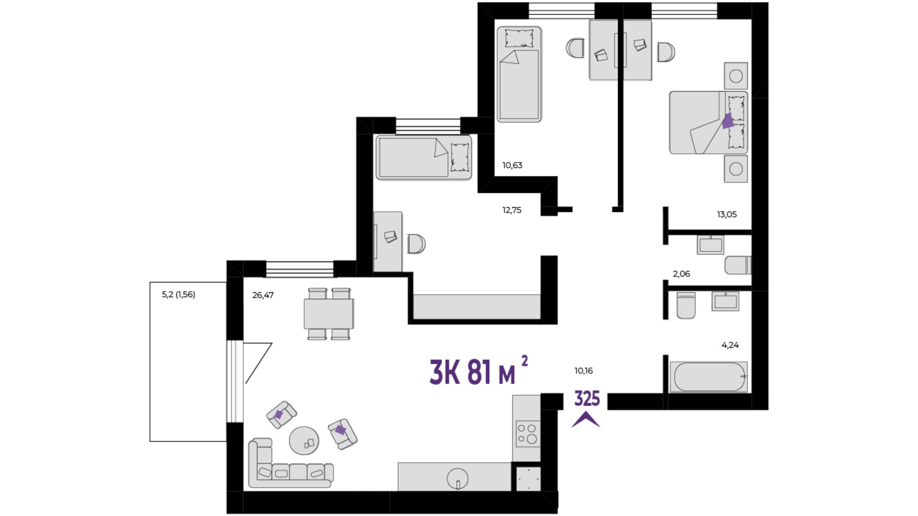 Планировка 3-комнатной квартиры в ЖК Wawel 81 м², фото 650987