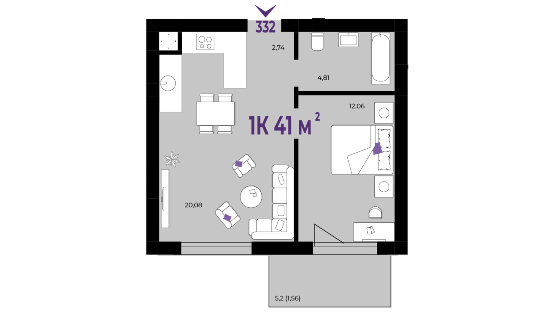 Планування 1-кімнатної квартири в ЖК Wawel 41 м², фото 650990