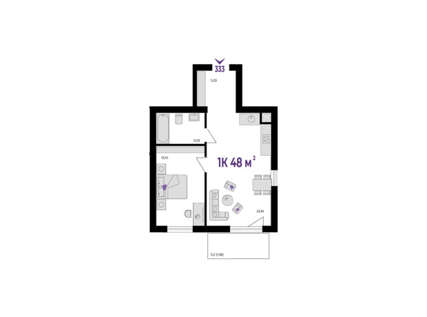 ЖК Wawel: планування 1-кімнатної квартири 48 м²