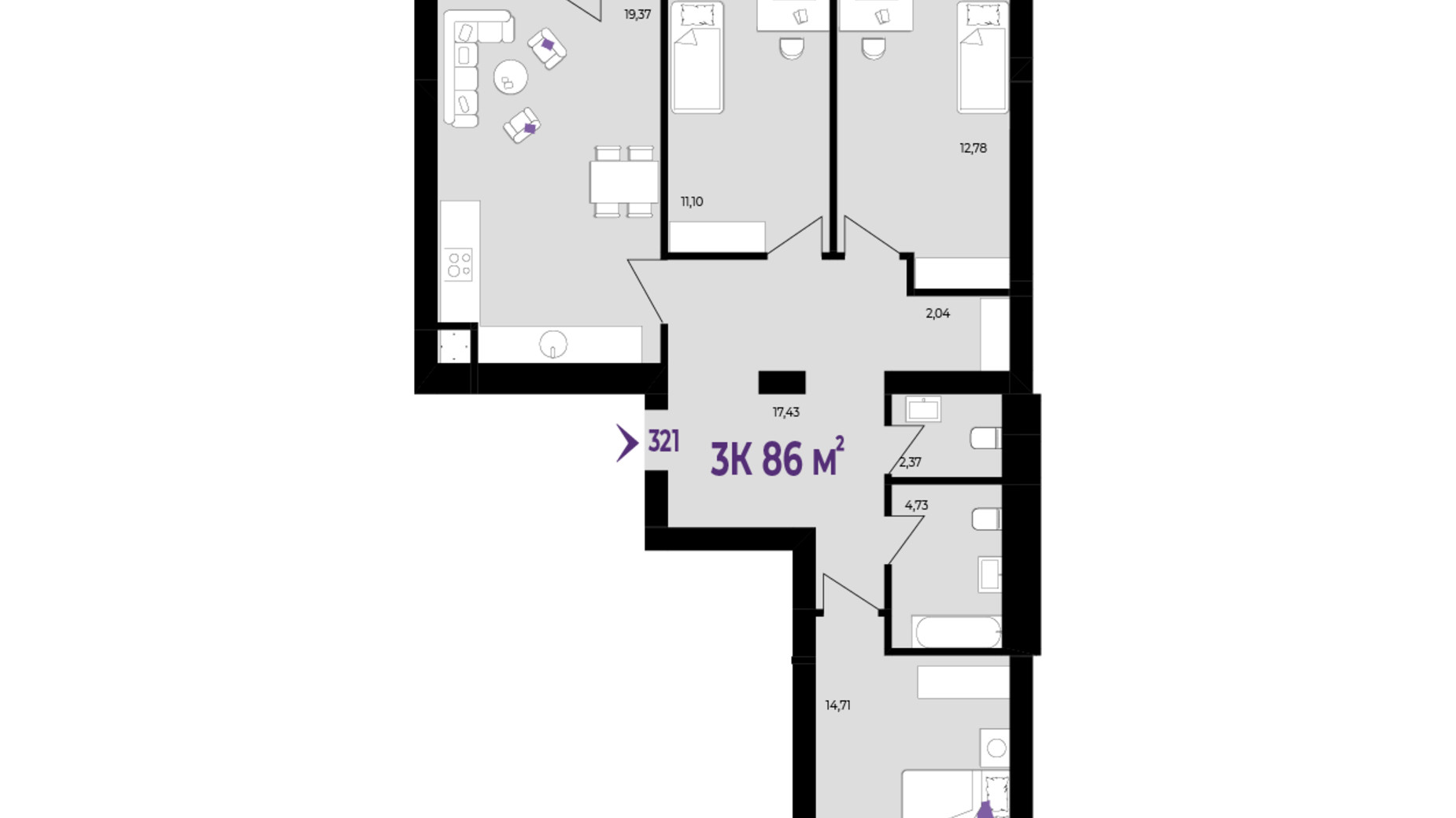 Планировка 2-комнатной квартиры в ЖК Wawel 86 м², фото 650994