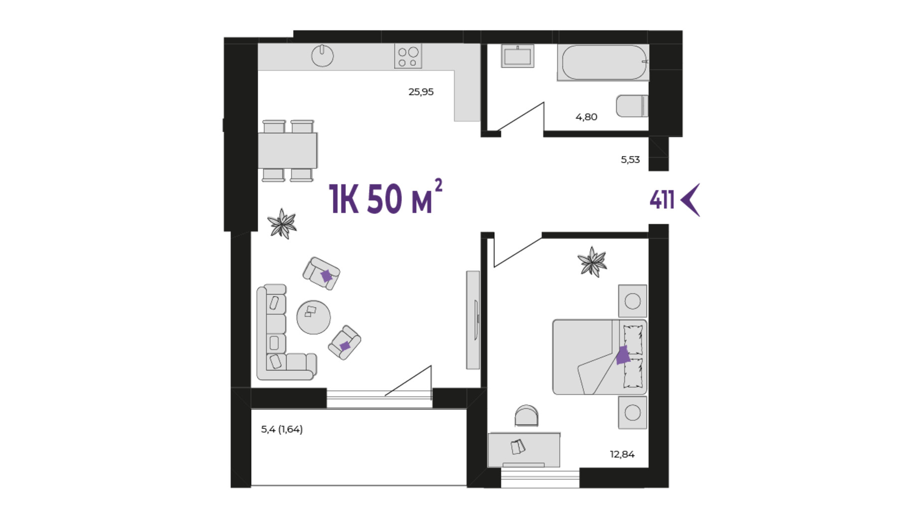 Планировка 1-комнатной квартиры в ЖК Wawel 50 м², фото 651404
