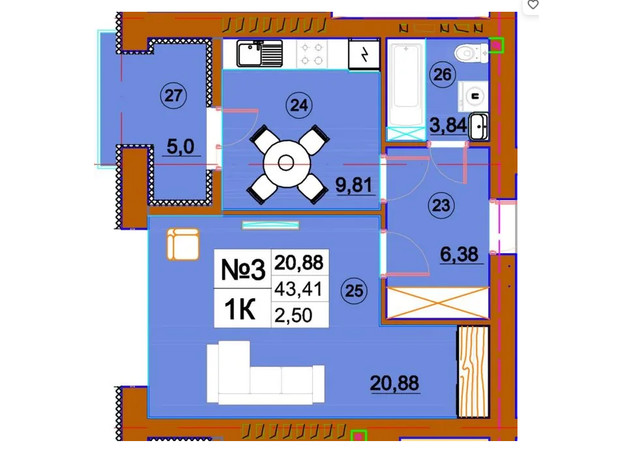 ЖК Комфорт-Сити: планировка 1-комнатной квартиры 43.41 м²