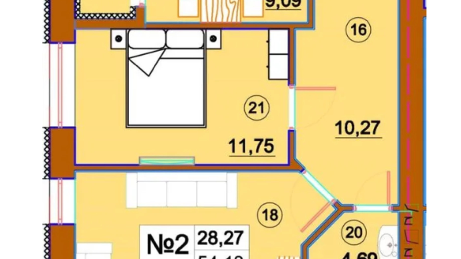 Планировка 2-комнатной квартиры в ЖК Комфорт-Сити 54.13 м², фото 651462