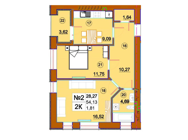 ЖК Комфорт-Сити: планировка 2-комнатной квартиры 54.13 м²