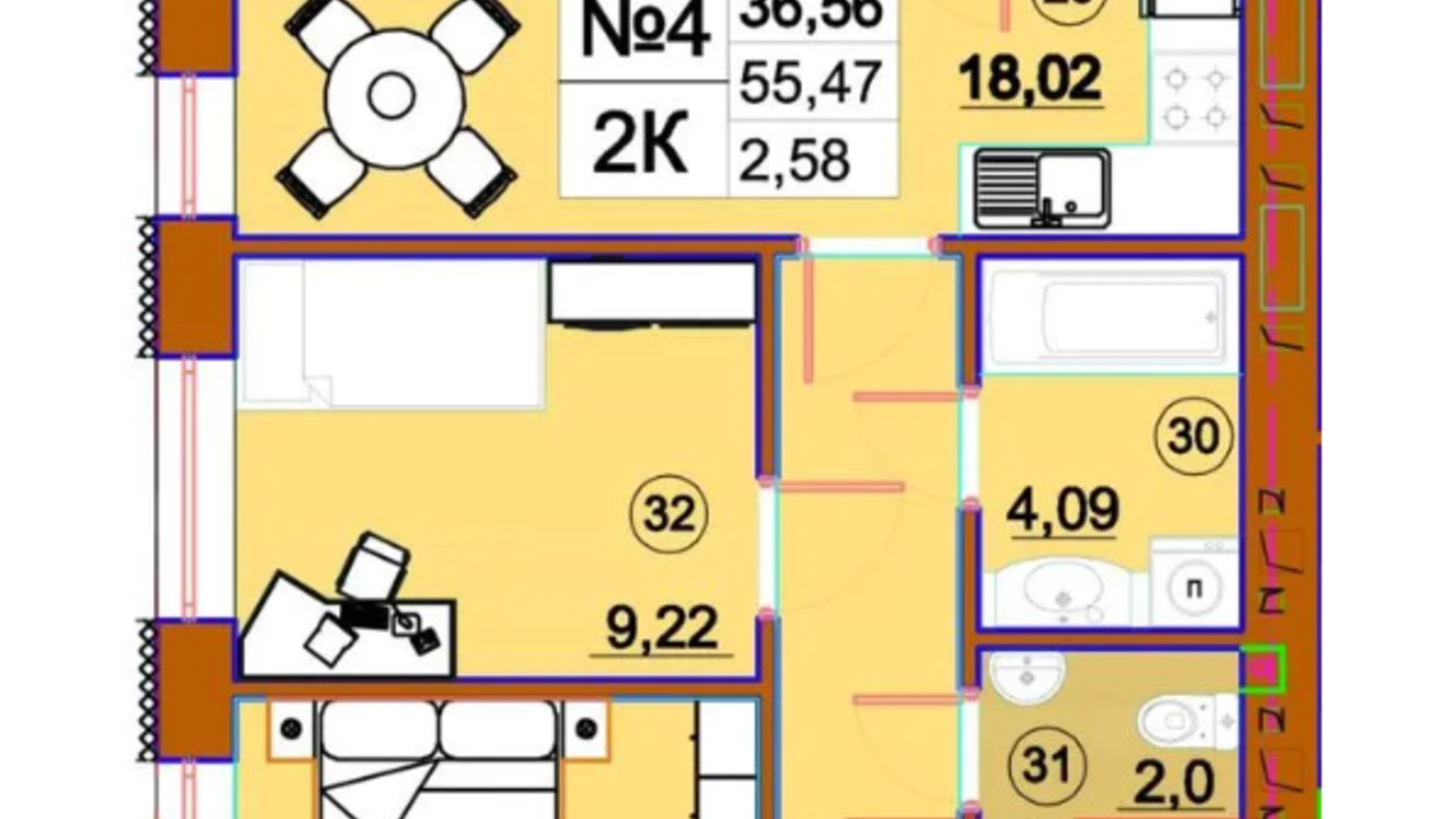 Планировка 2-комнатной квартиры в ЖК Комфорт-Сити 55.47 м², фото 651463