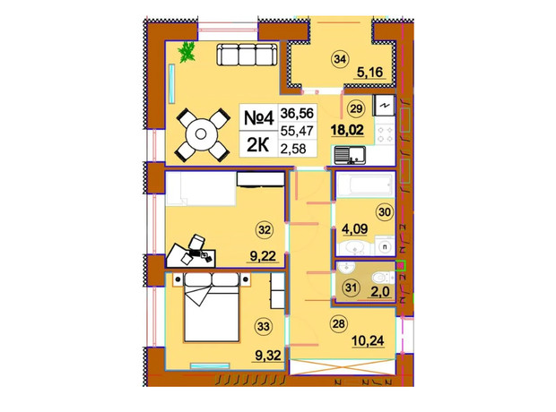 ЖК Комфорт-Сити: планировка 2-комнатной квартиры 55.47 м²