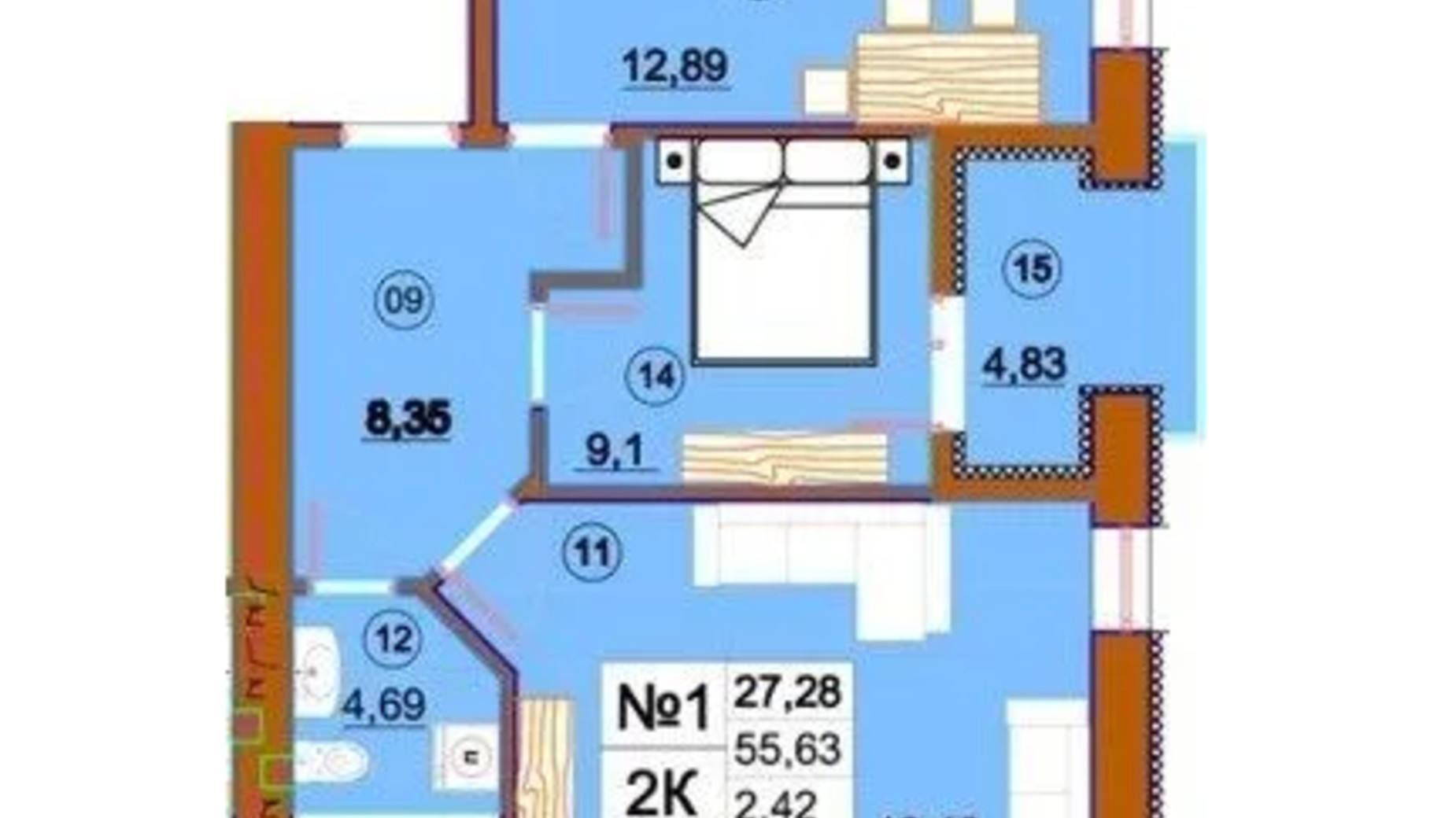 Планировка 2-комнатной квартиры в ЖК Комфорт-Сити 55.63 м², фото 651464