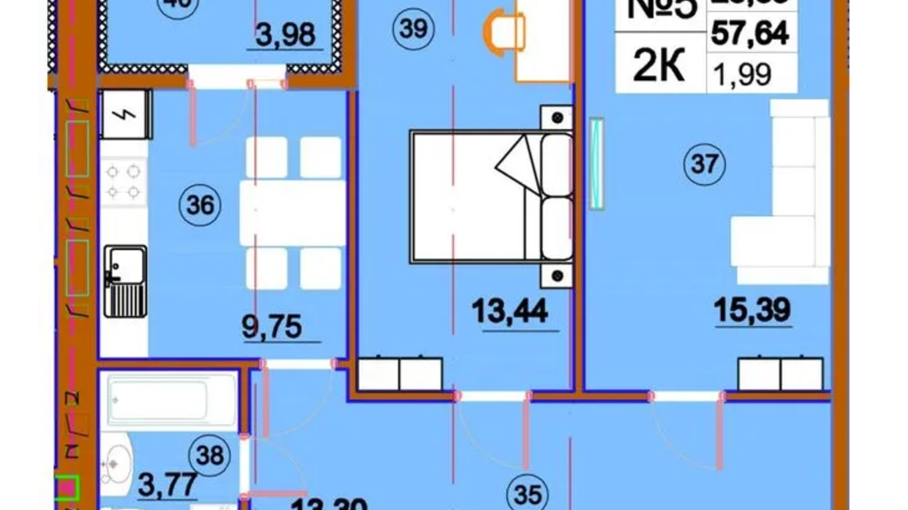 Планировка 2-комнатной квартиры в ЖК Комфорт-Сити 57.64 м², фото 651465