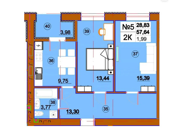 ЖК Комфорт-Сити: планировка 2-комнатной квартиры 57.64 м²