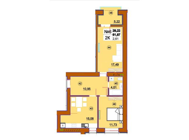 ЖК Комфорт-Сити: планировка 2-комнатной квартиры 61.87 м²