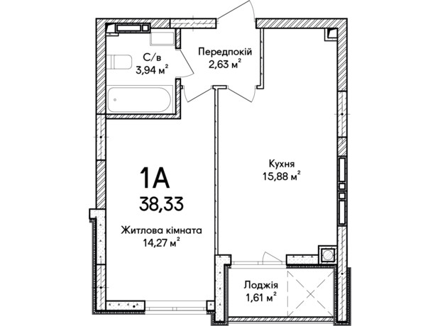 ЖК Синергия Сити: планировка 1-комнатной квартиры 39 м²