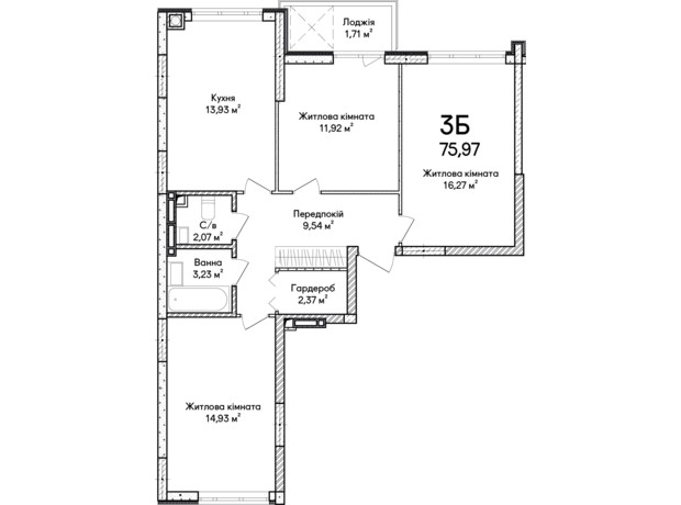 ЖК Синергия Сити: планировка 3-комнатной квартиры 75 м²