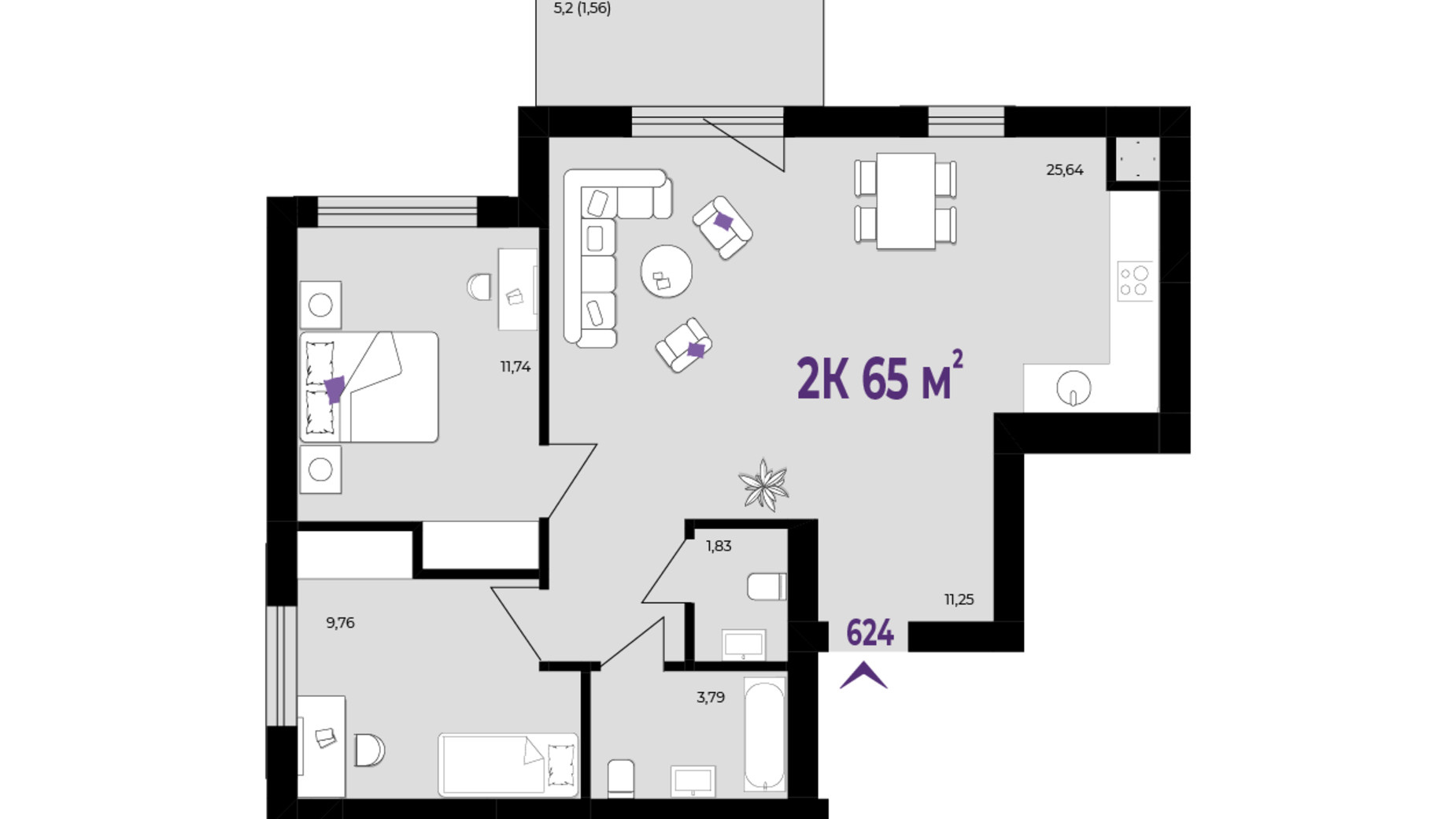 Планировка 2-комнатной квартиры в ЖК Wawel 65 м², фото 651515