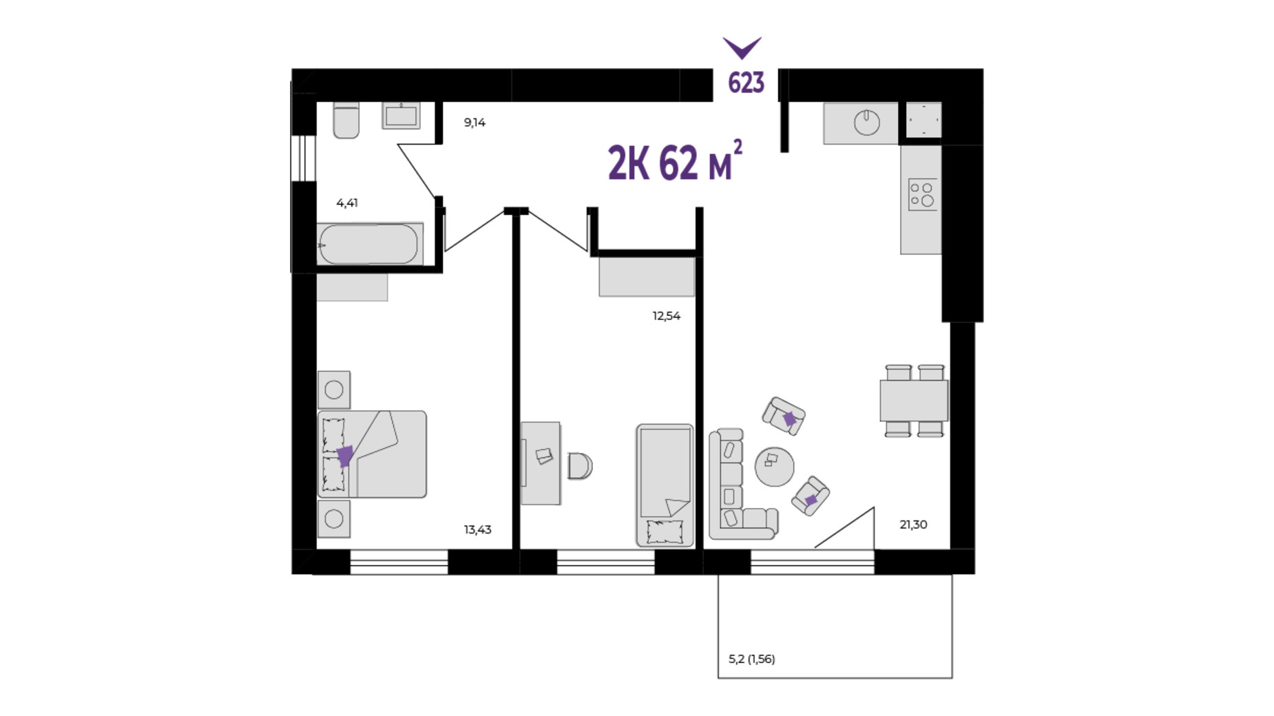 Планировка 2-комнатной квартиры в ЖК Wawel 62 м², фото 651516