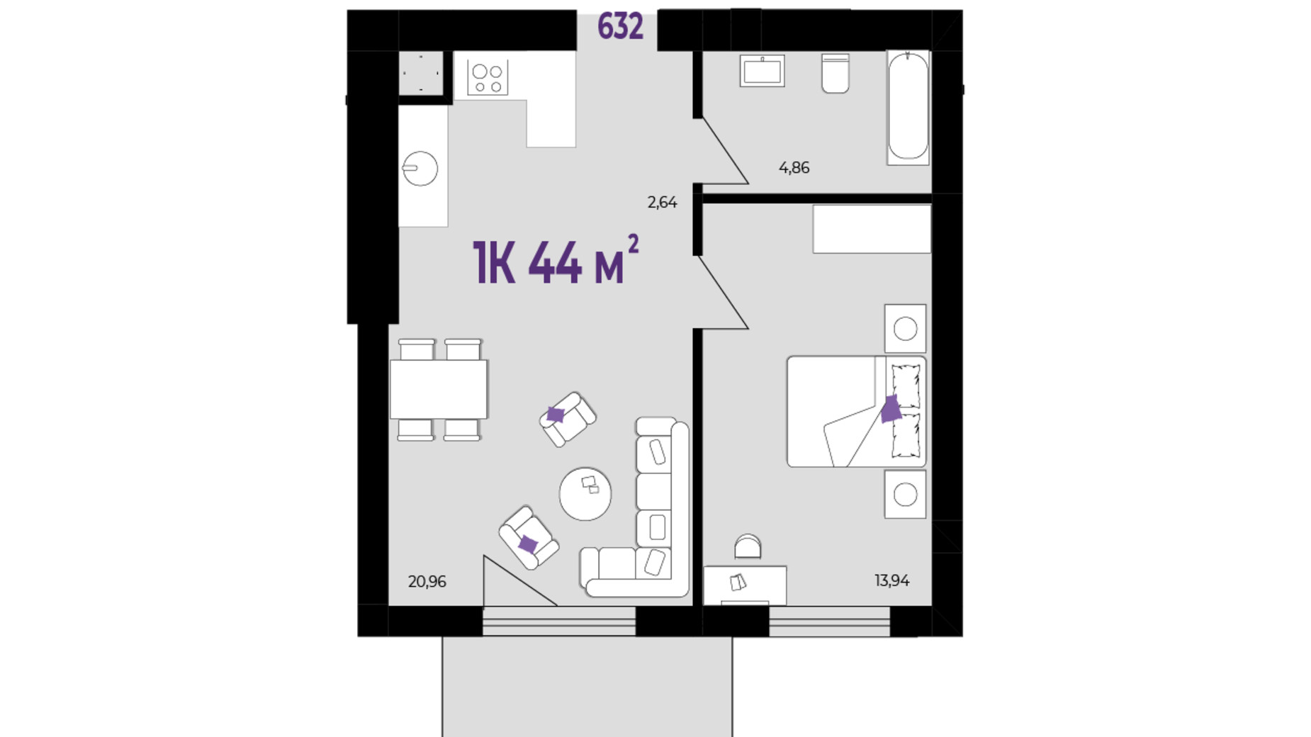 Планировка 1-комнатной квартиры в ЖК Wawel 44 м², фото 651519