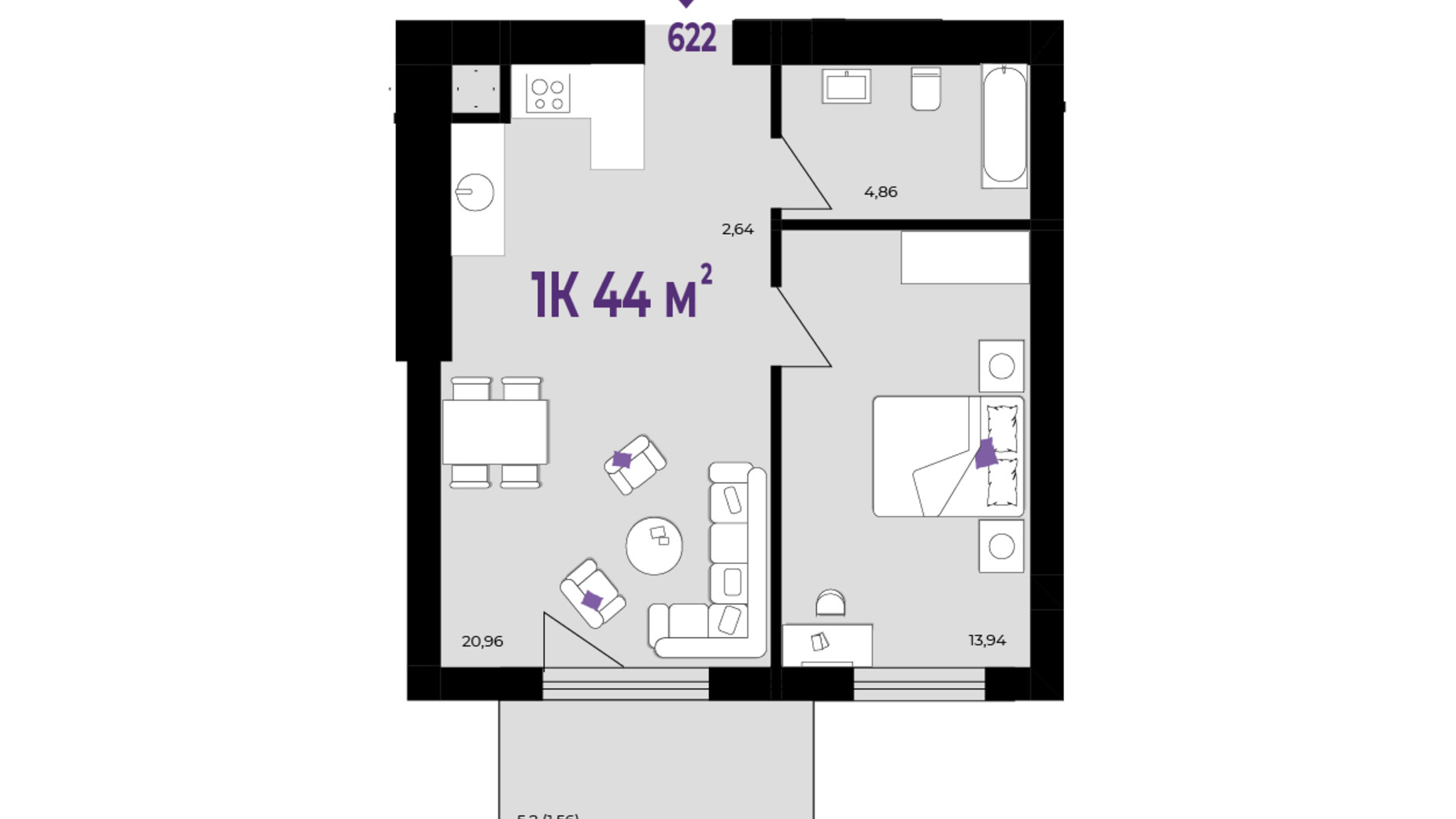 Планування 1-кімнатної квартири в ЖК Wawel 44 м², фото 651521