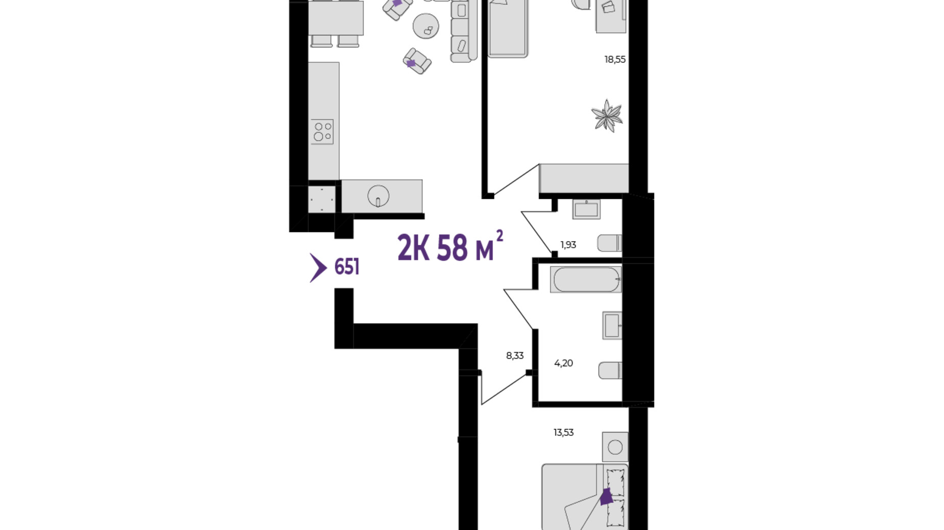Планировка 2-комнатной квартиры в ЖК Wawel 58 м², фото 651525