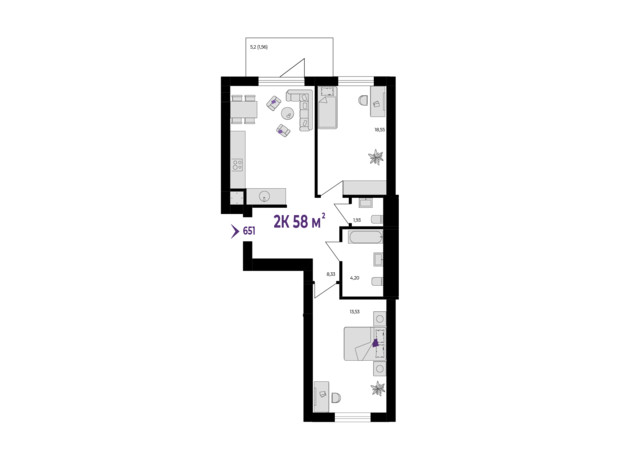 ЖК Wawel: планування 2-кімнатної квартири 58 м²