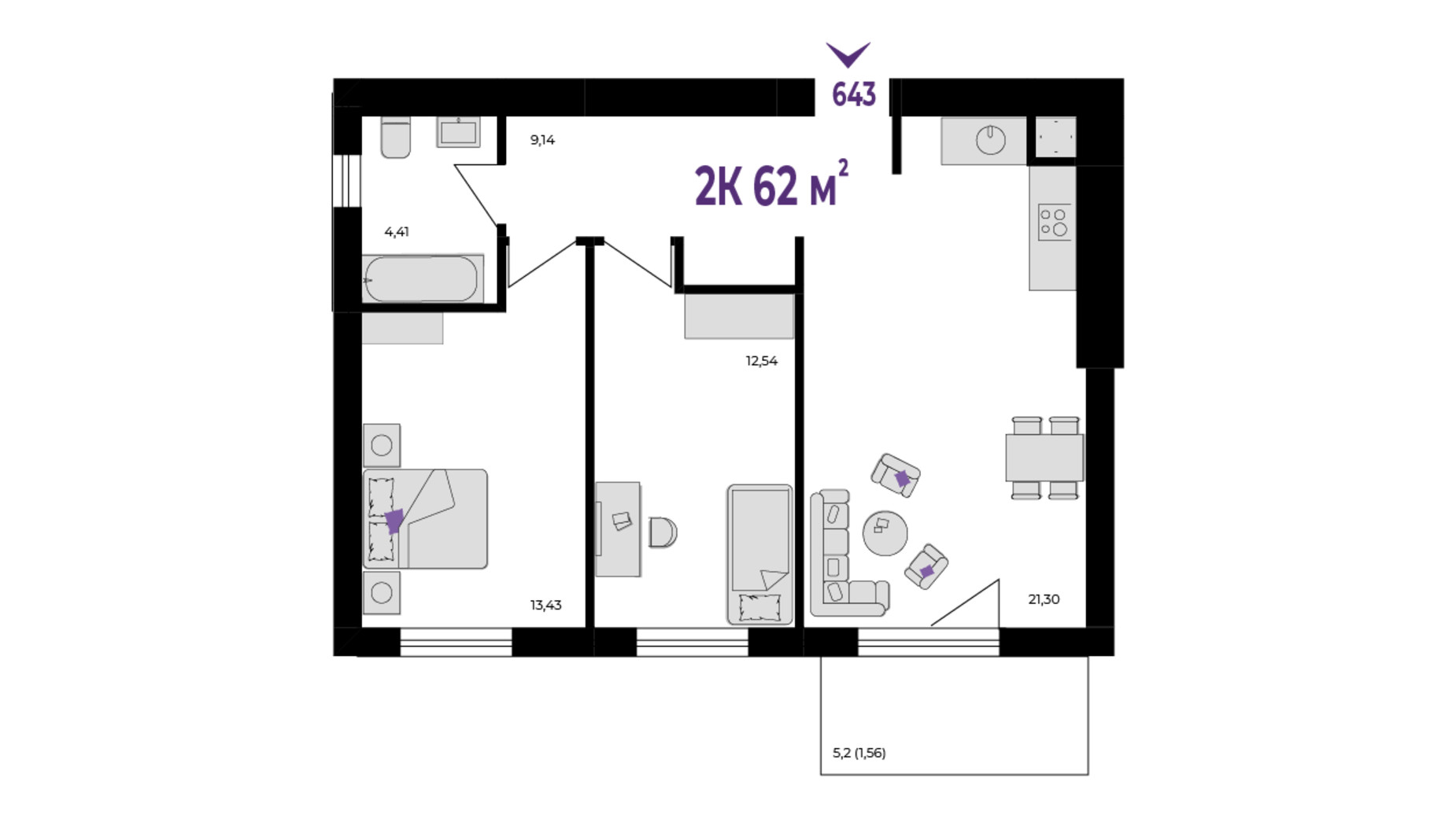 Планування 2-кімнатної квартири в ЖК Wawel 62 м², фото 651526