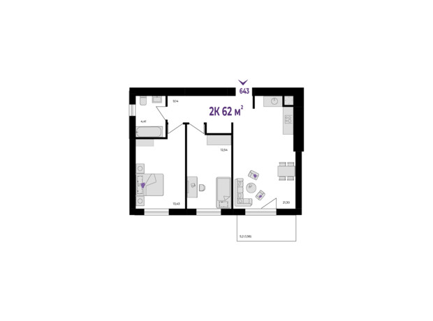 ЖК Wawel: планування 2-кімнатної квартири 62 м²