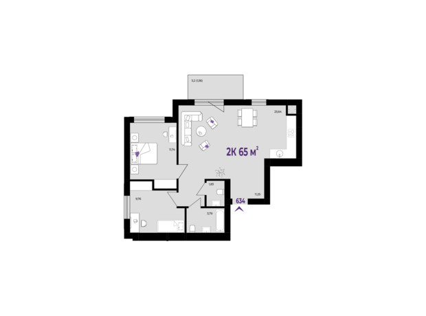 ЖК Wawel: планування 2-кімнатної квартири 65 м²