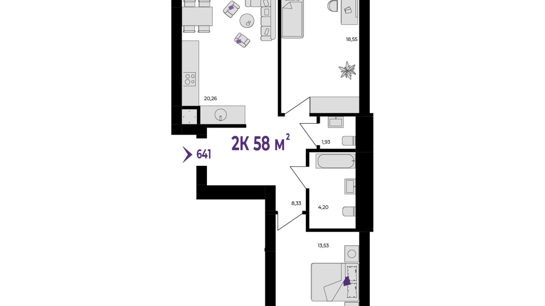 Планировка 2-комнатной квартиры в ЖК Wawel 58 м², фото 651529