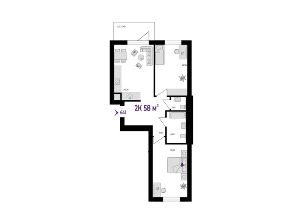 ЖК Wawel: планування 2-кімнатної квартири 58 м²