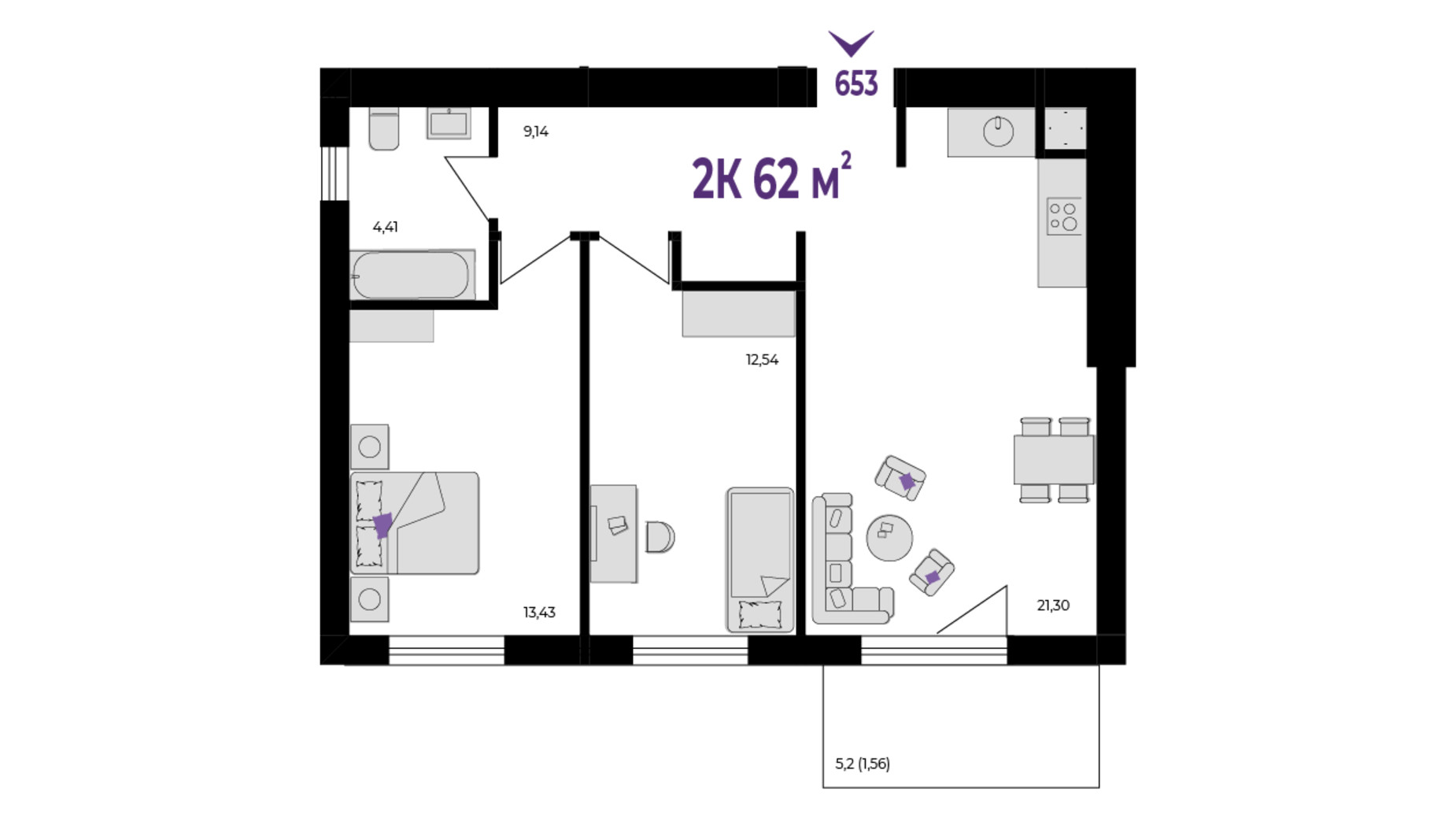 Планировка 2-комнатной квартиры в ЖК Wawel 62 м², фото 651530