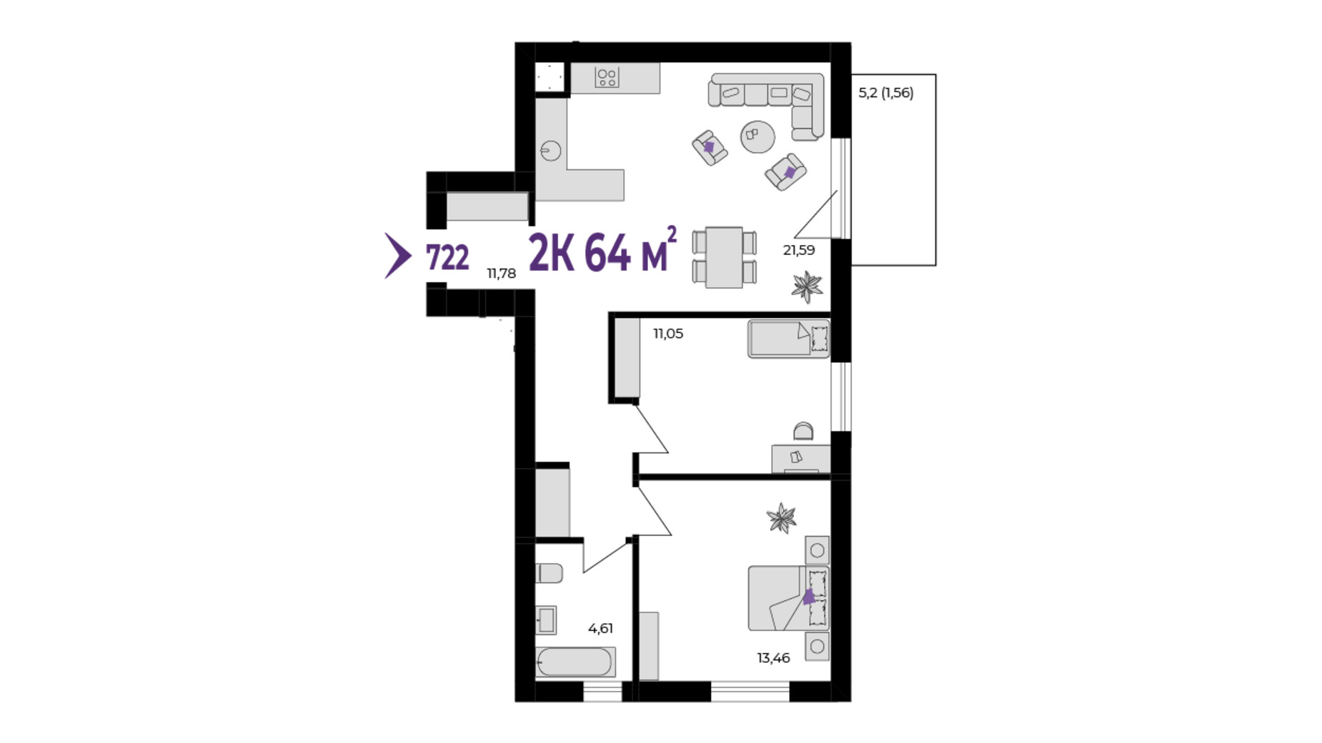 Планування 2-кімнатної квартири в ЖК Wawel 64 м², фото 651533