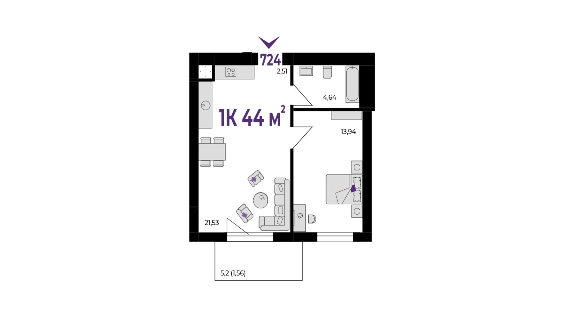 Планування 1-кімнатної квартири в ЖК Wawel 44 м², фото 651535