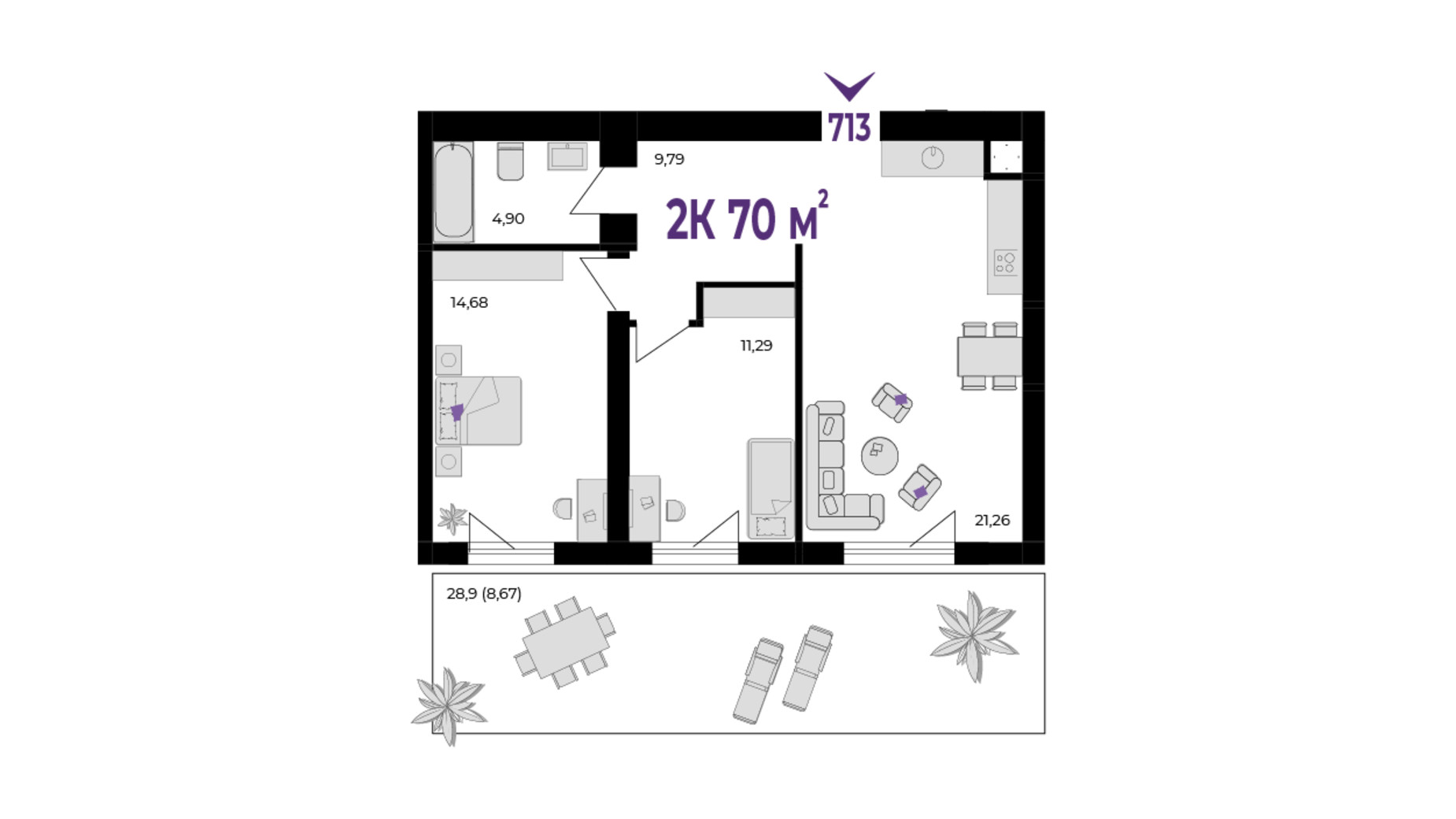 Планування 2-кімнатної квартири в ЖК Wawel 70 м², фото 651537