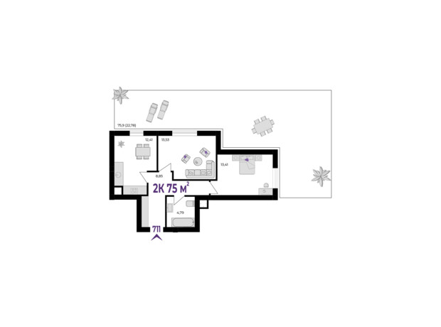 ЖК Wawel: планування 2-кімнатної квартири 75 м²
