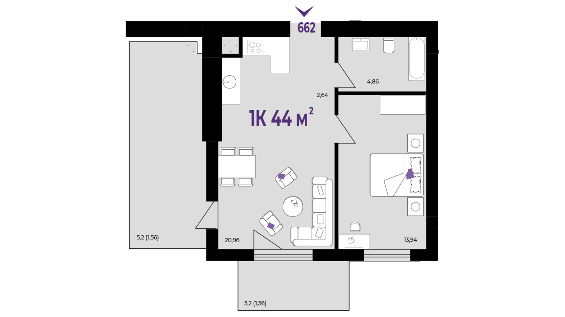 Планування 1-кімнатної квартири в ЖК Wawel 44 м², фото 651539
