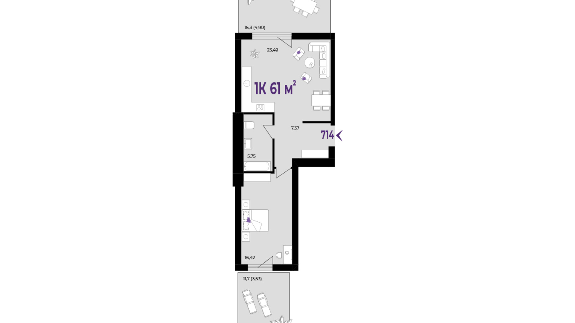 Планування 1-кімнатної квартири в ЖК Wawel 61 м², фото 651542