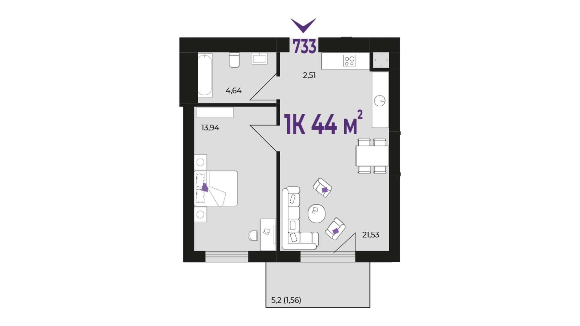 Планування 1-кімнатної квартири в ЖК Wawel 44 м², фото 651544