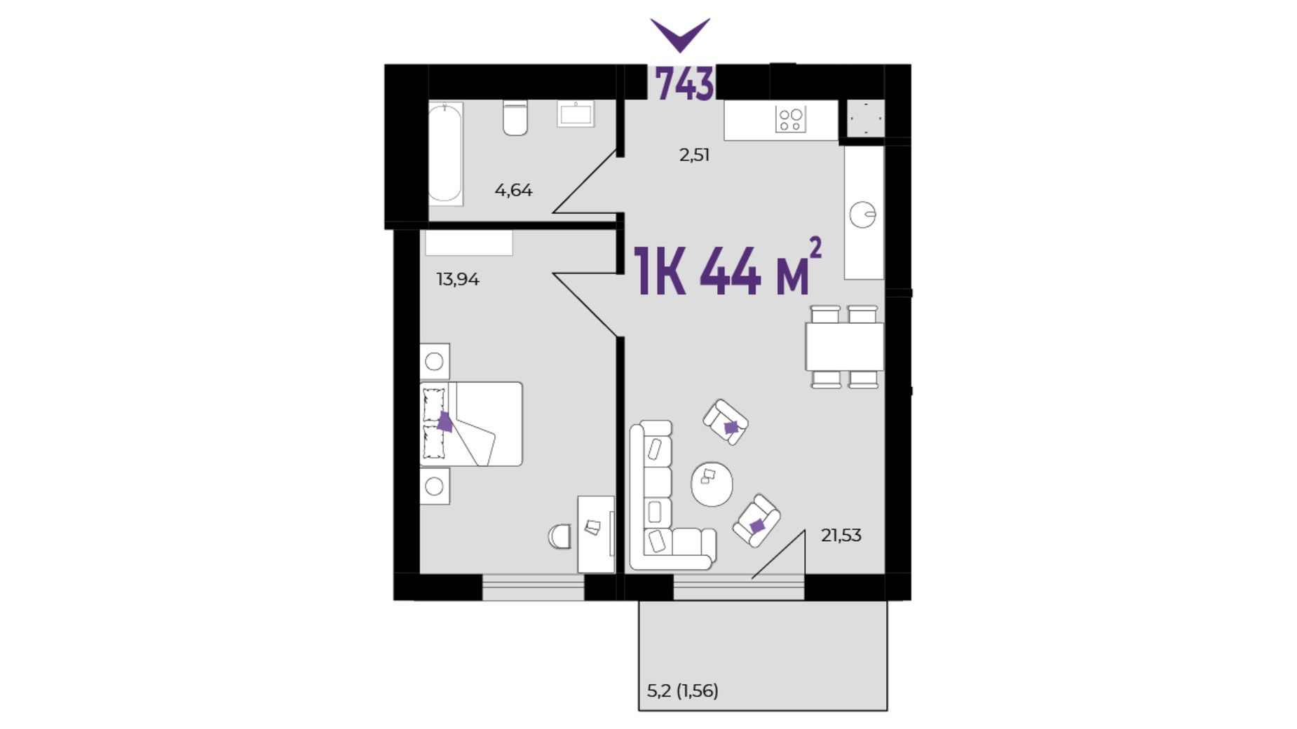 Планування 1-кімнатної квартири в ЖК Wawel 44 м², фото 651545