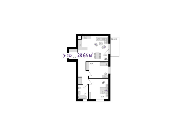 ЖК Wawel: планування 2-кімнатної квартири 64 м²