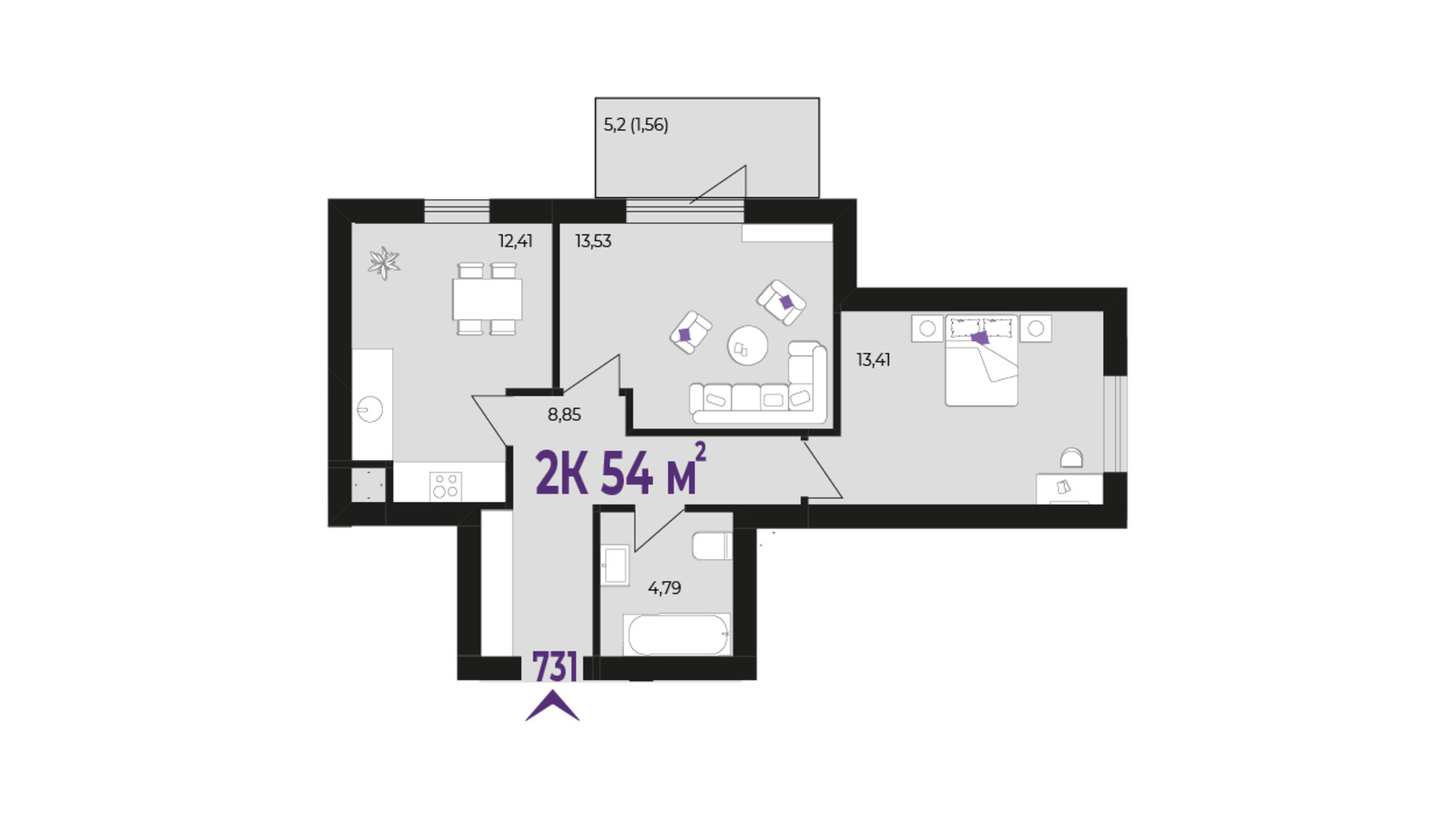 Планировка 2-комнатной квартиры в ЖК Wawel 54 м², фото 651549