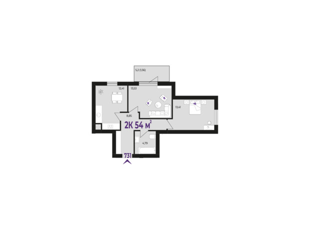 ЖК Wawel: планування 2-кімнатної квартири 54 м²
