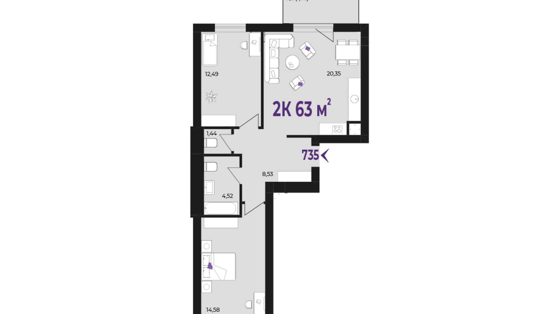 Планування 2-кімнатної квартири в ЖК Wawel 63 м², фото 651550
